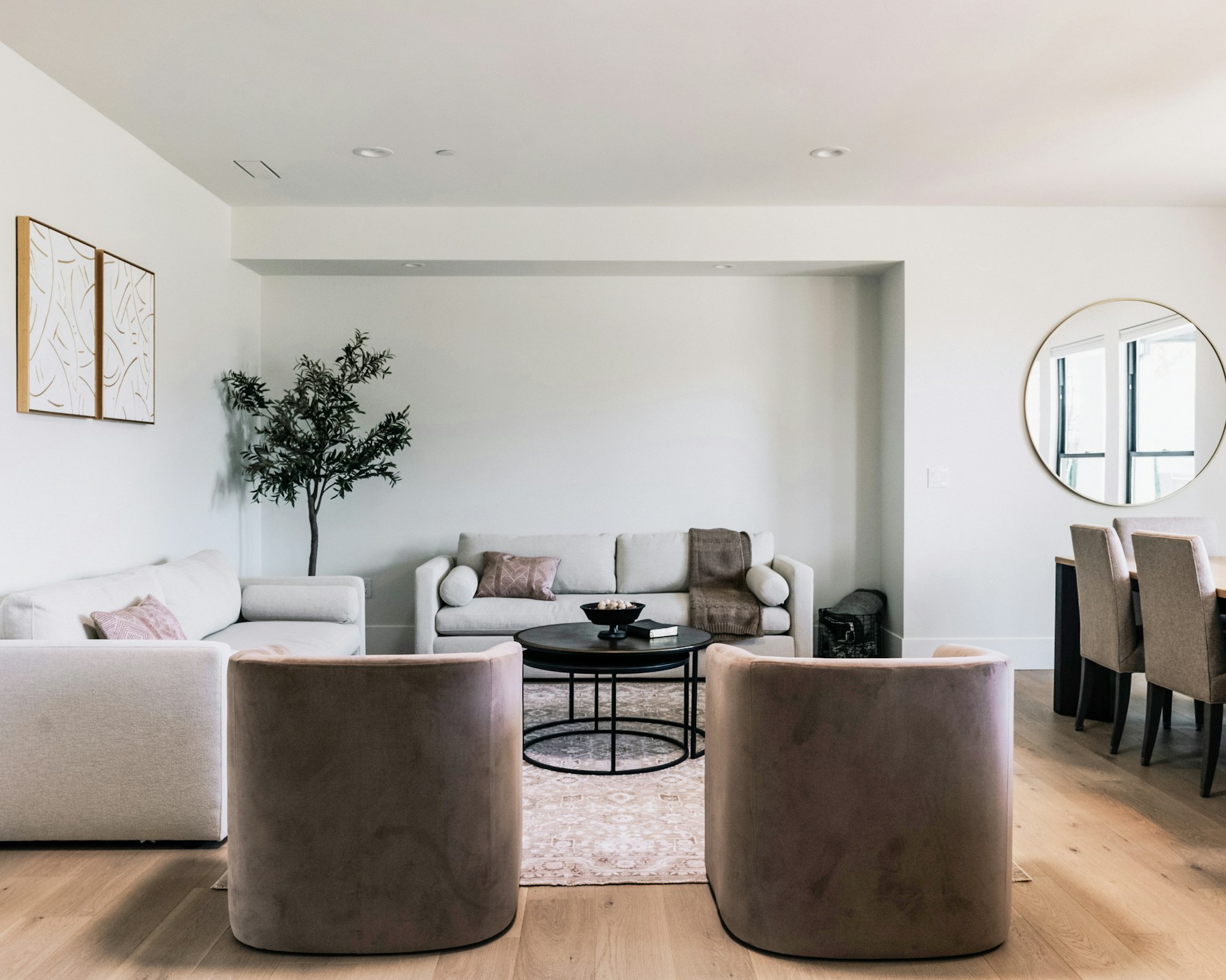 Warm modern living room with coordinated seating